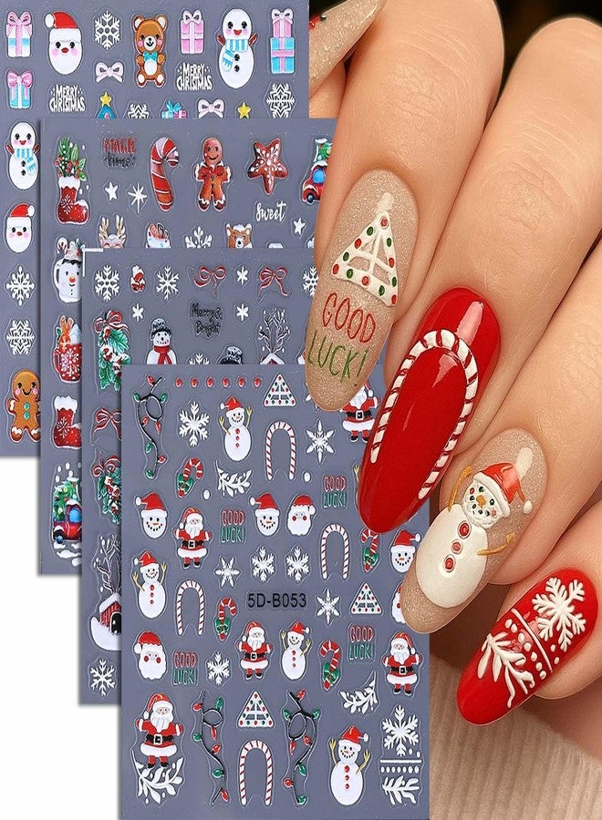 SWEET TREND 3D Christmas Nail Art Stickers – 4pcs Cute Embossed Santa Snowman Bear Gingerbread Man Snowflake Nail Decals - DIY Holiday Manicure at Home - Festive Nail Decorations for Women - Image 1